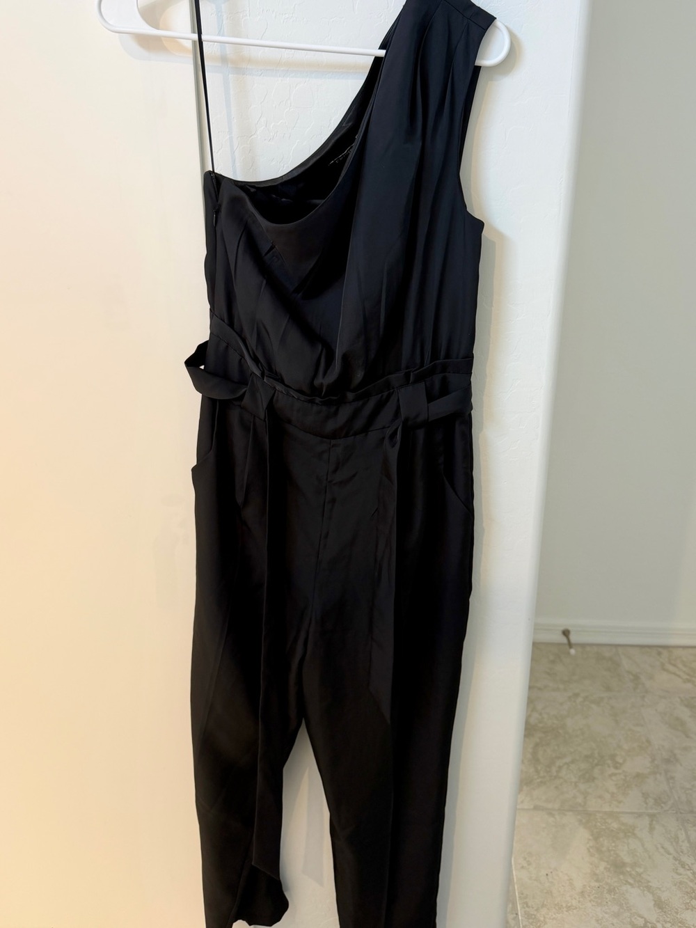 Express Black One-Shoulder Jumpsuit with Waist Tie